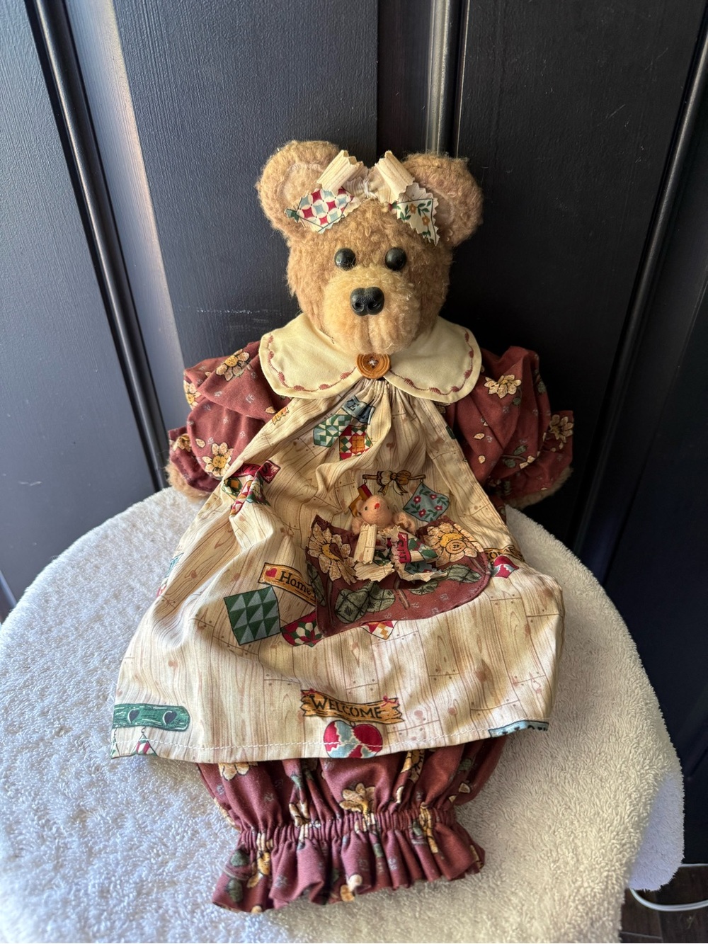Vintage Handmade Country Plush Bear Shelf Sitter in Patterned Dress